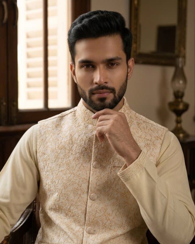 Waistcoat - Luxury Jori Katan Golden Floral Metal Button